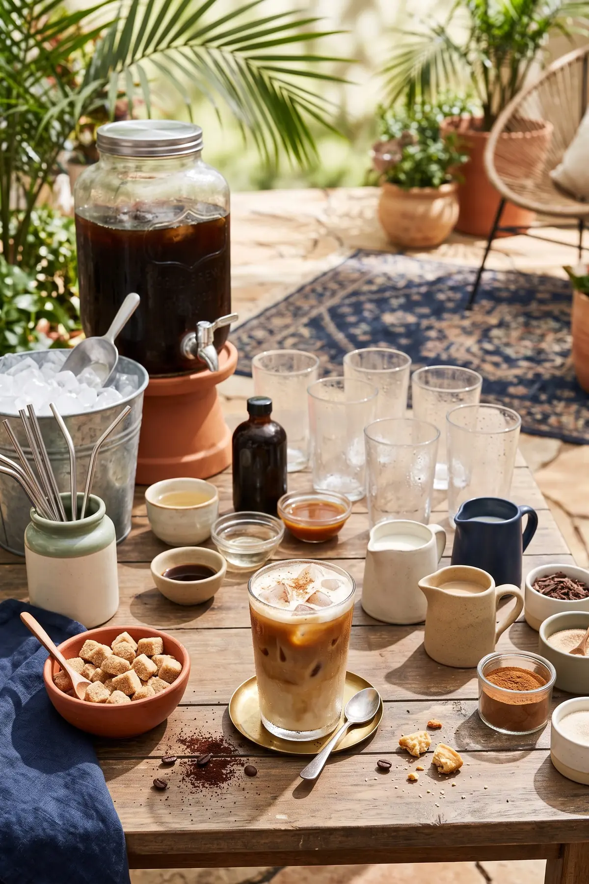 A build-your-own iced coffee bar with a cold brew dispenser, a bucket of ice, syrups, and milks on an outdoor table