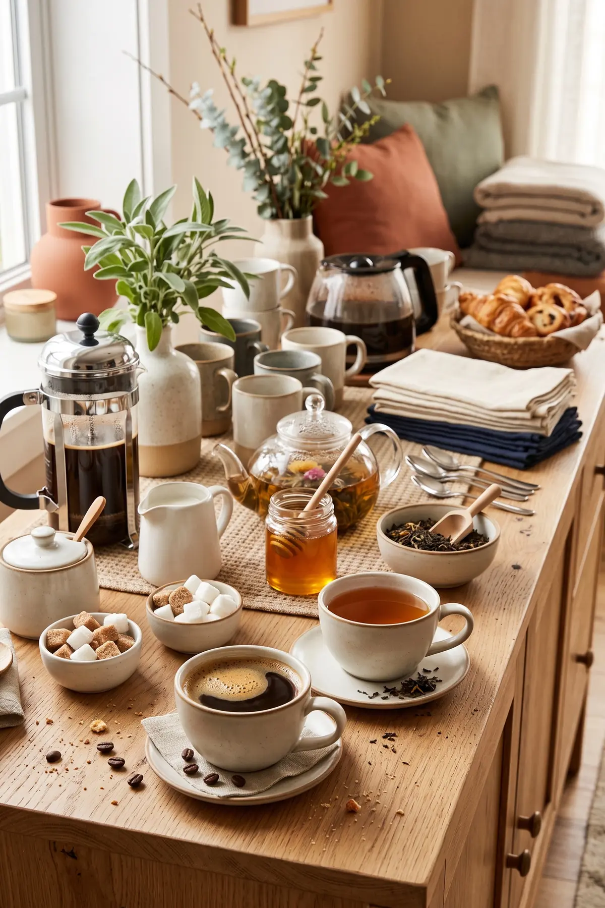 A coffee and tea station with hot water, tea bags, and honey