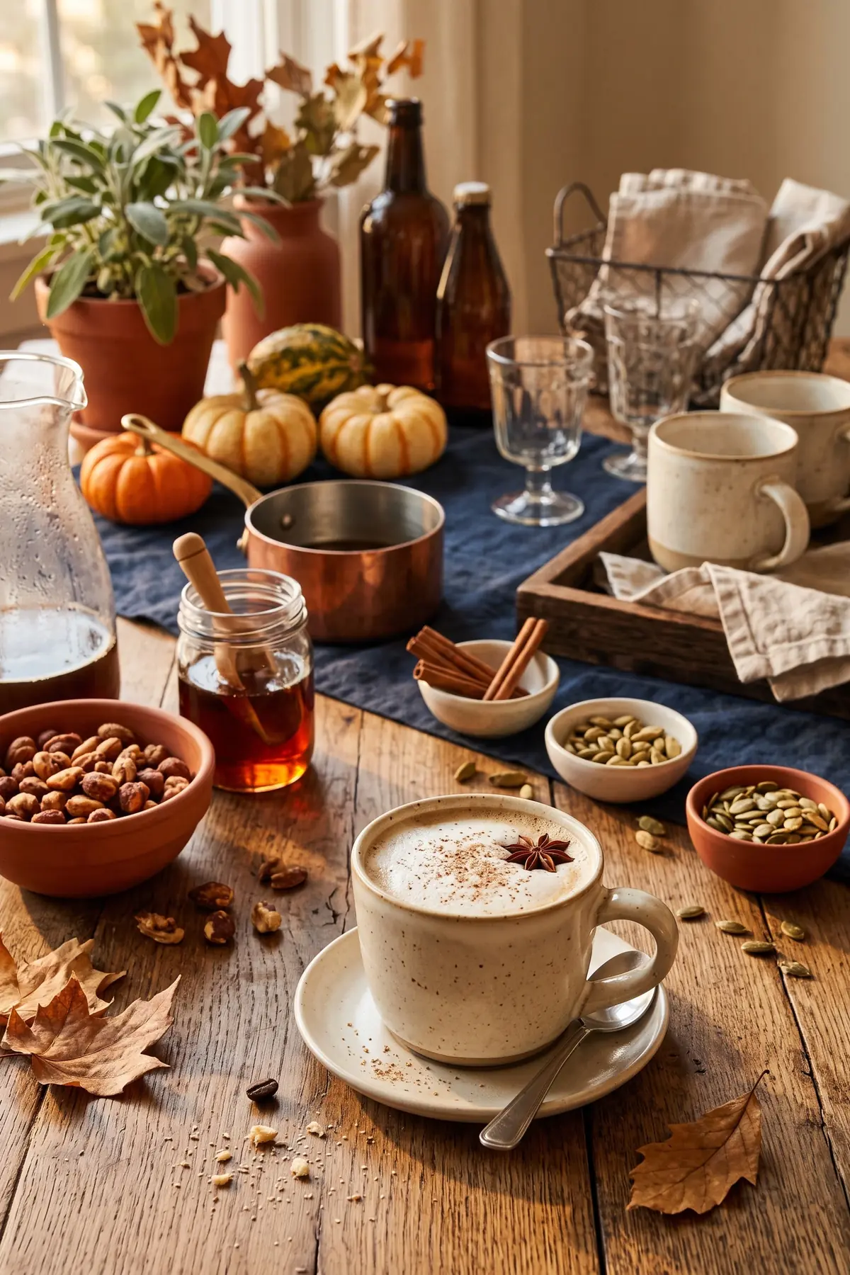 A fall coffee bar with pumpkin spice syrup, cinnamon sticks, and mini pumpkins