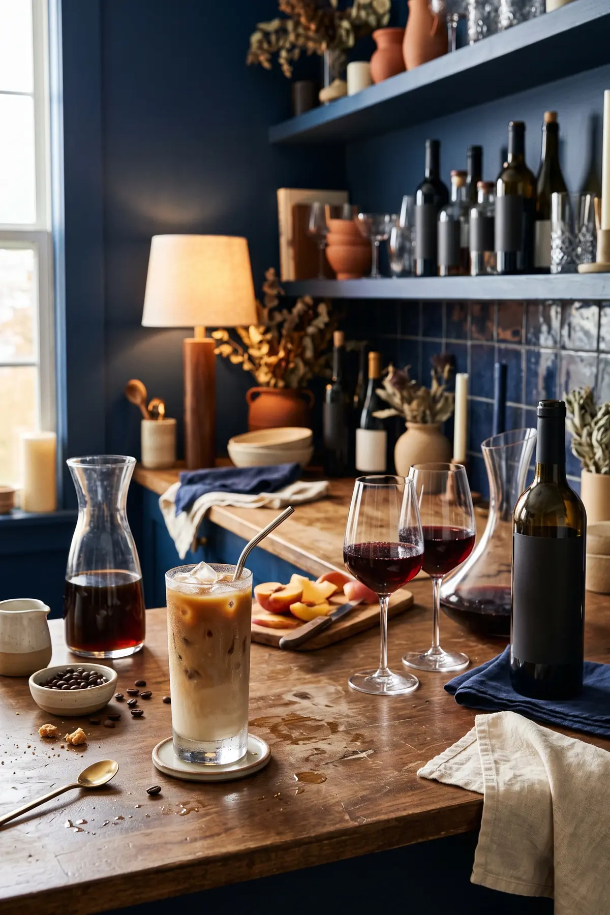 A coffee and wine bar set up for an evening party