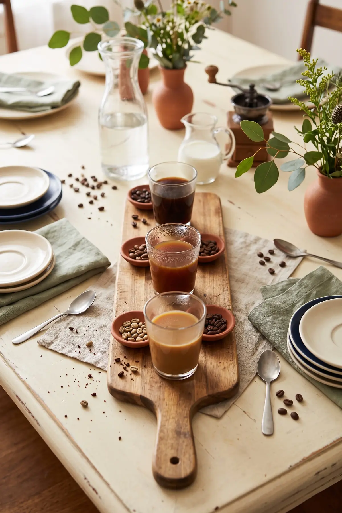 A coffee tasting flight served in small cups with tasting notes