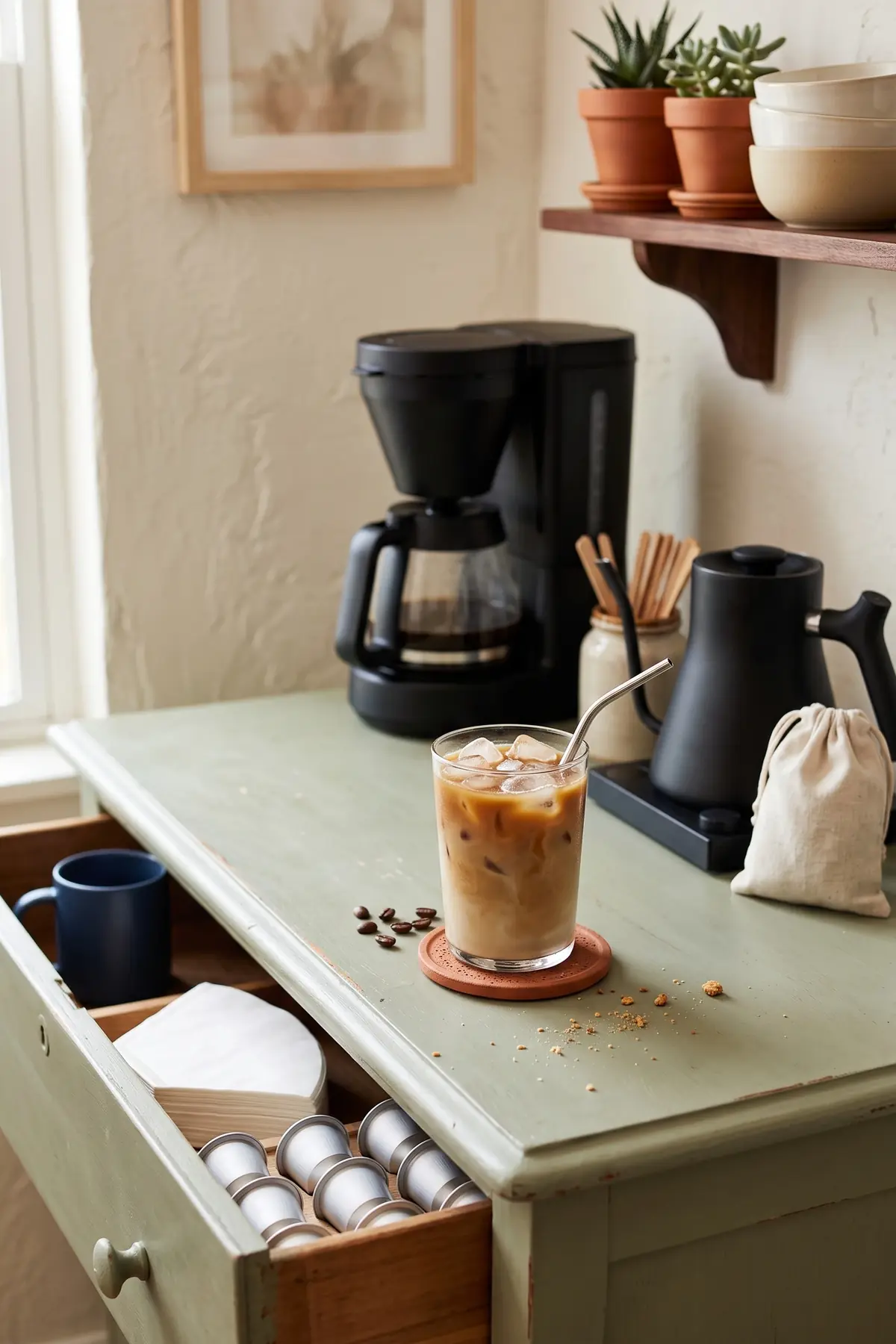 A repurposed dresser used as a home coffee bar, with a coffee maker on top and pods in an open drawer