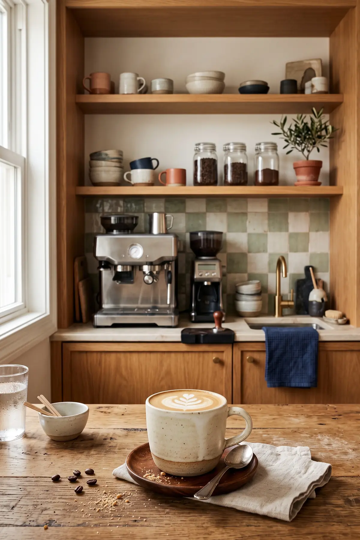 A built-in coffee bar with cabinets, a sink, and open shelves