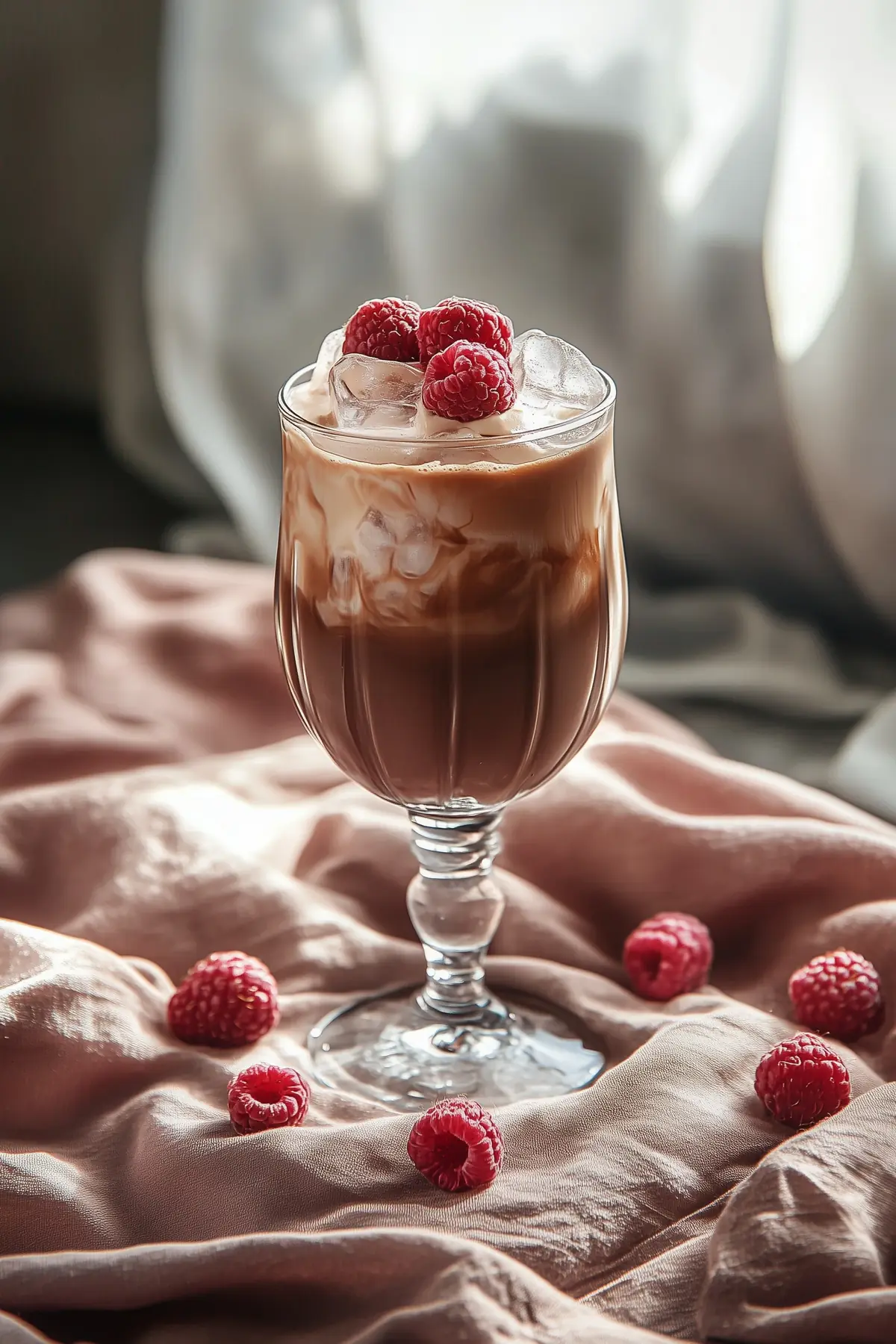 A glass of raspberry mocha iced coffee