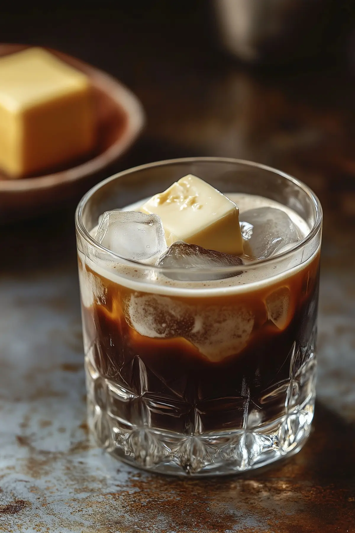 A glass of brown butter cold brew over ice