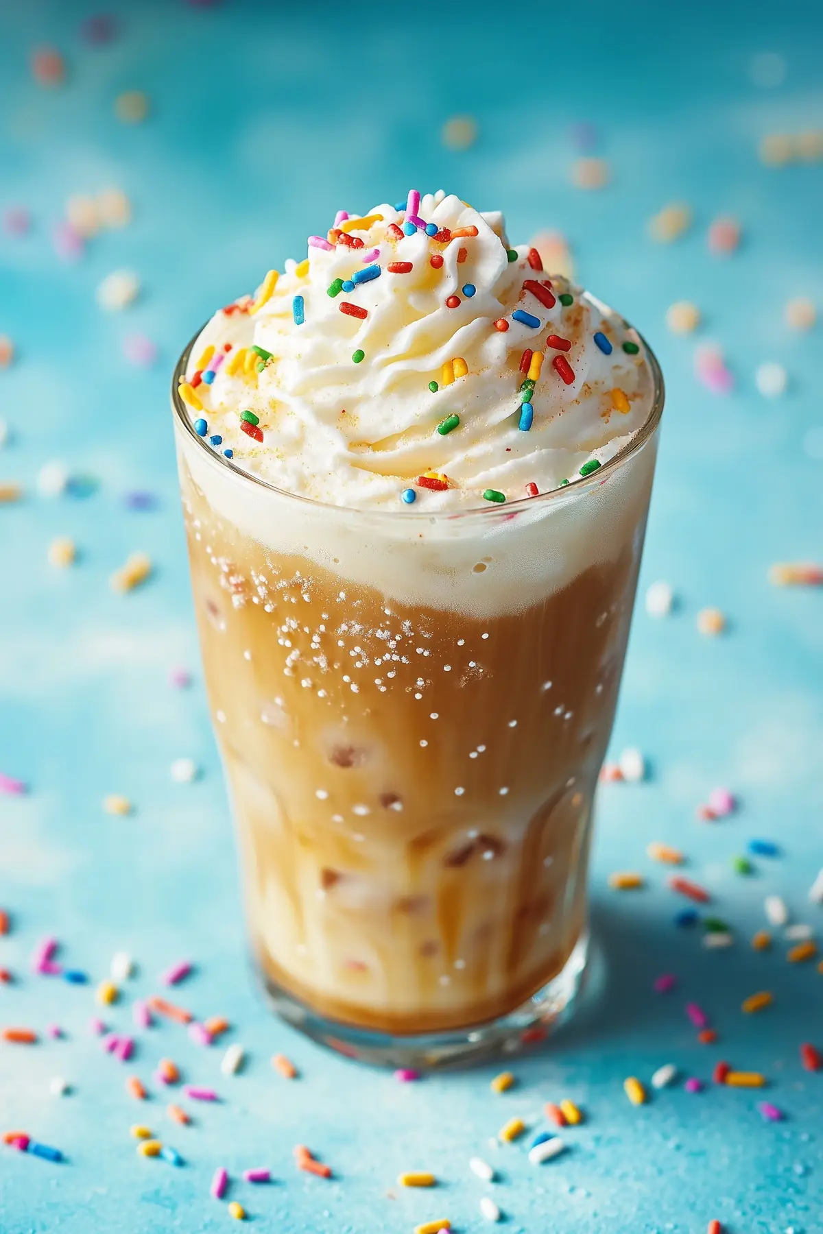 A glass of birthday cake iced coffee