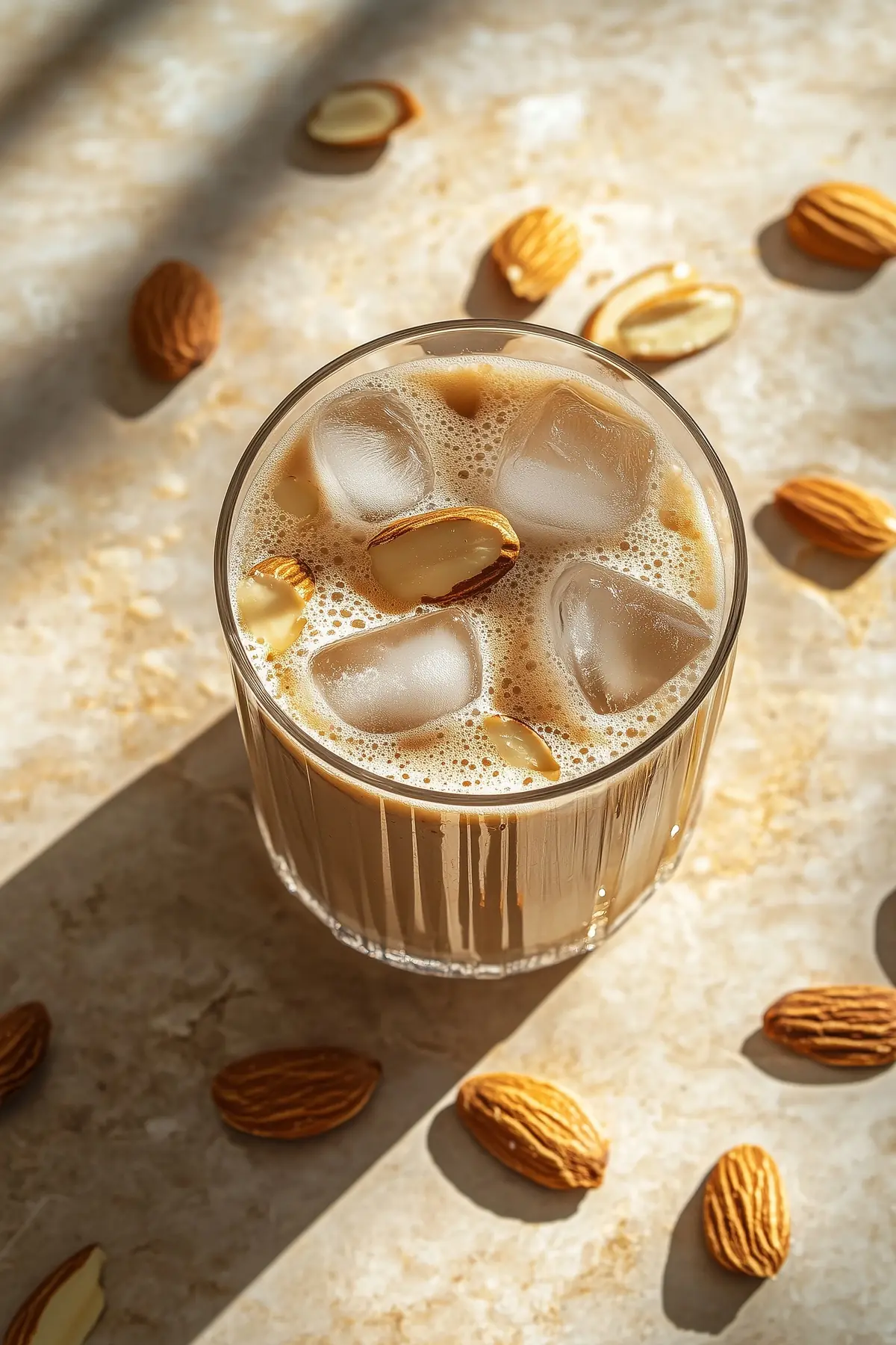 A glass of toasted almond iced coffee