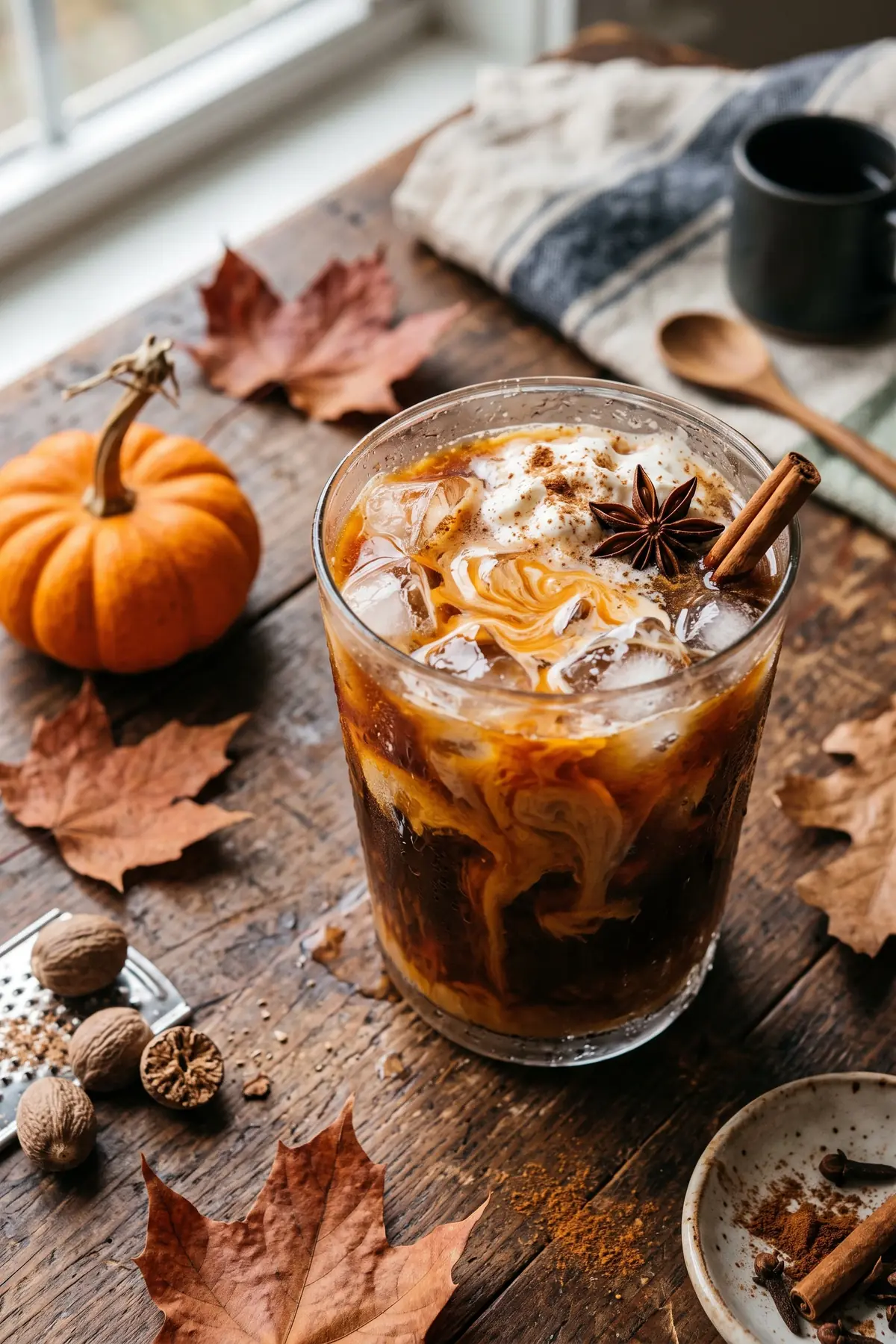 A glass of pumpkin spice iced coffee