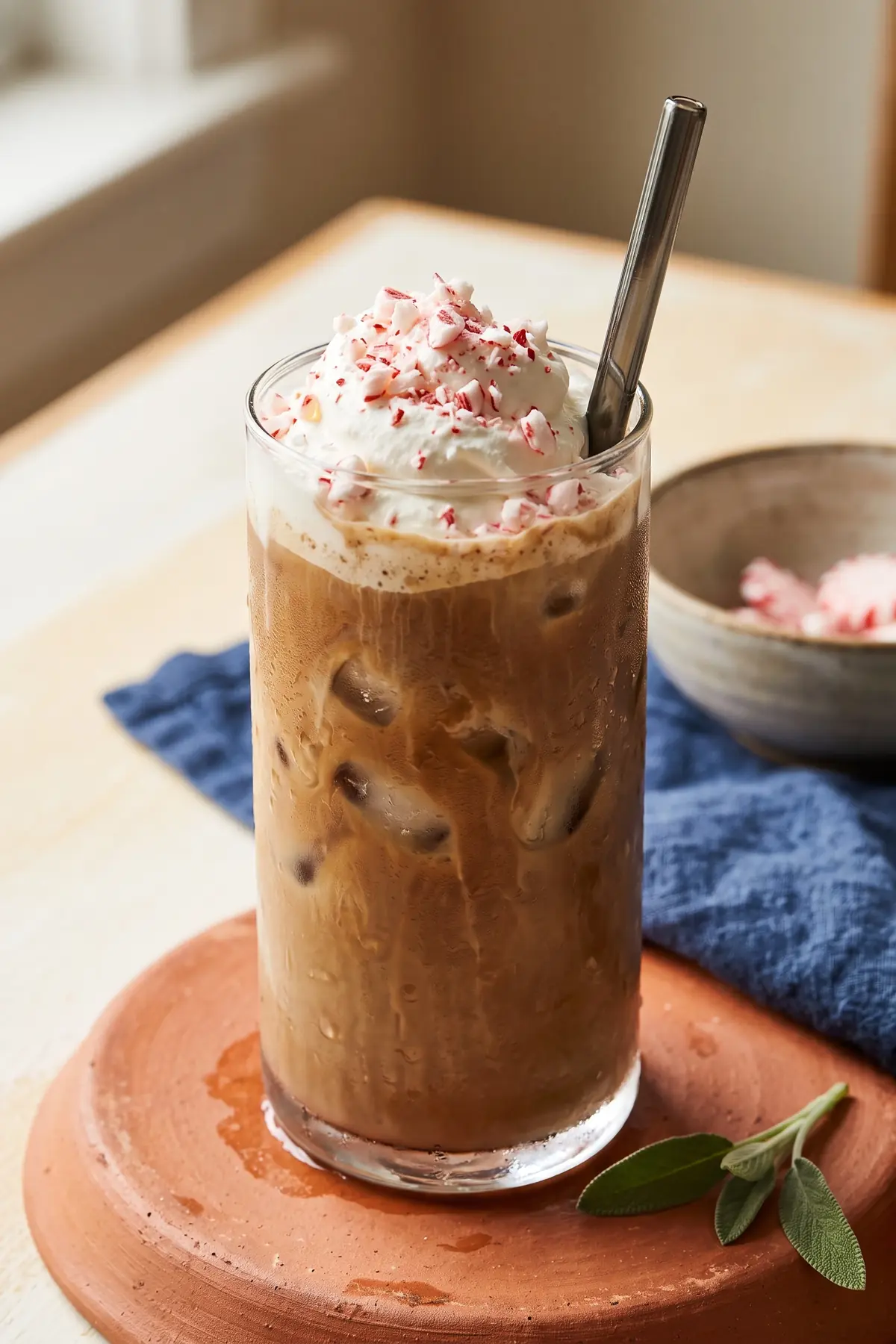 A glass of peppermint iced coffee