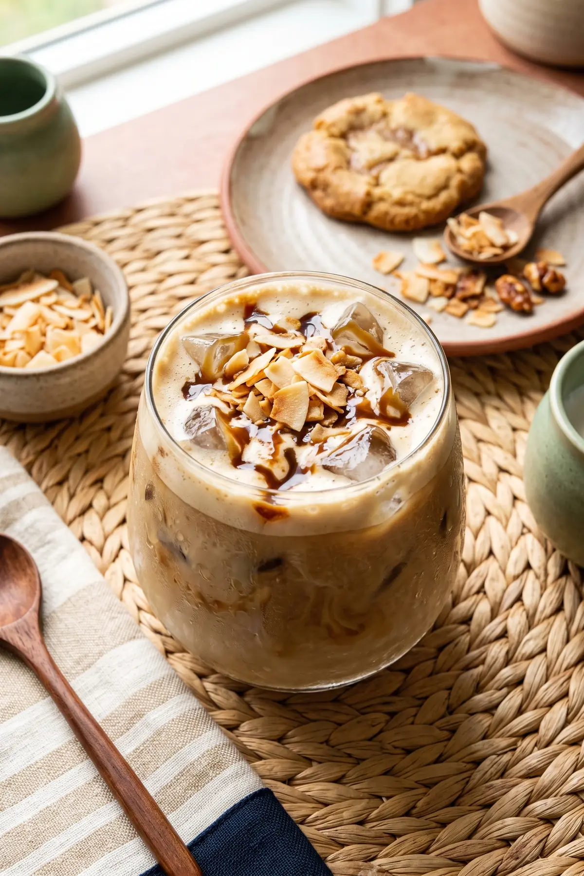 A glass of caramel and coconut iced coffee