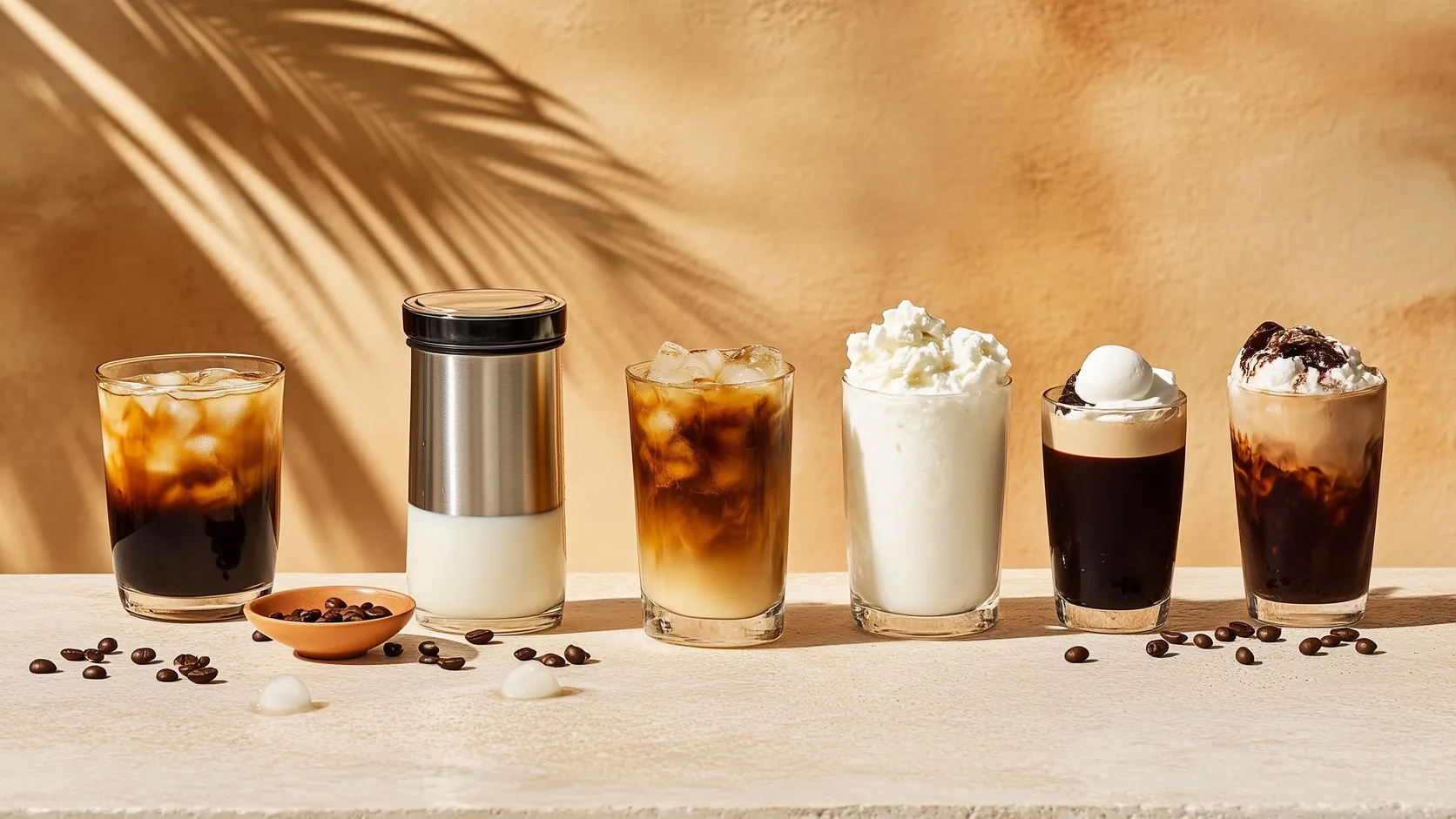 Six types of iced coffee lined up on a counter, from cold brew to a latte, whipped cream drink, and affogato