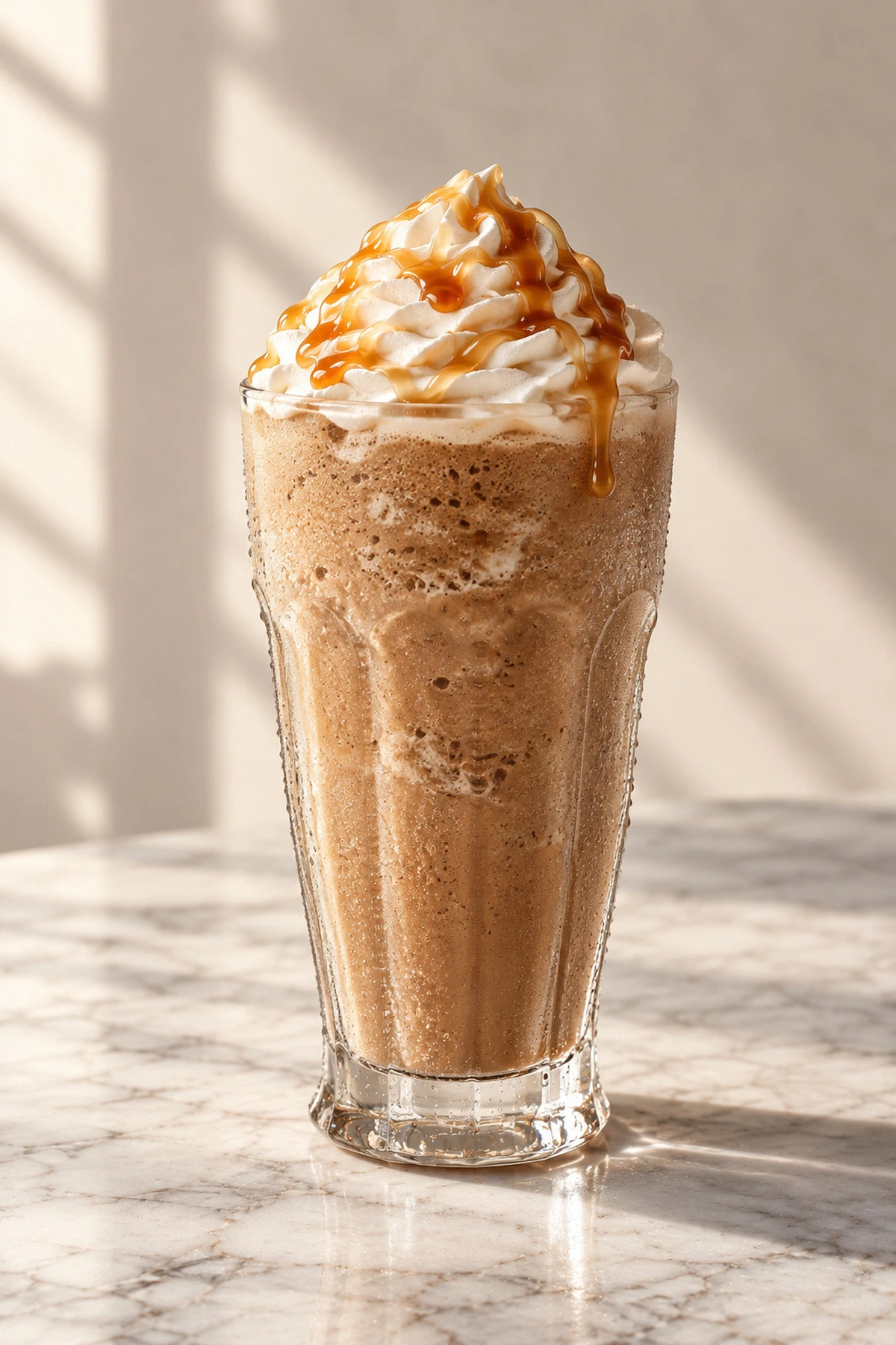 A blended iced coffee topped with whipped cream and caramel drizzle