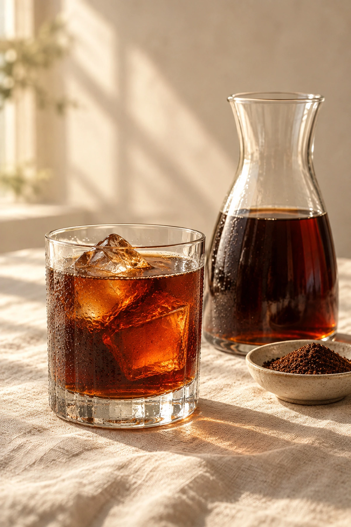 A glass of cold brew over ice beside a carafe of cold brew and a dish of coarse grounds