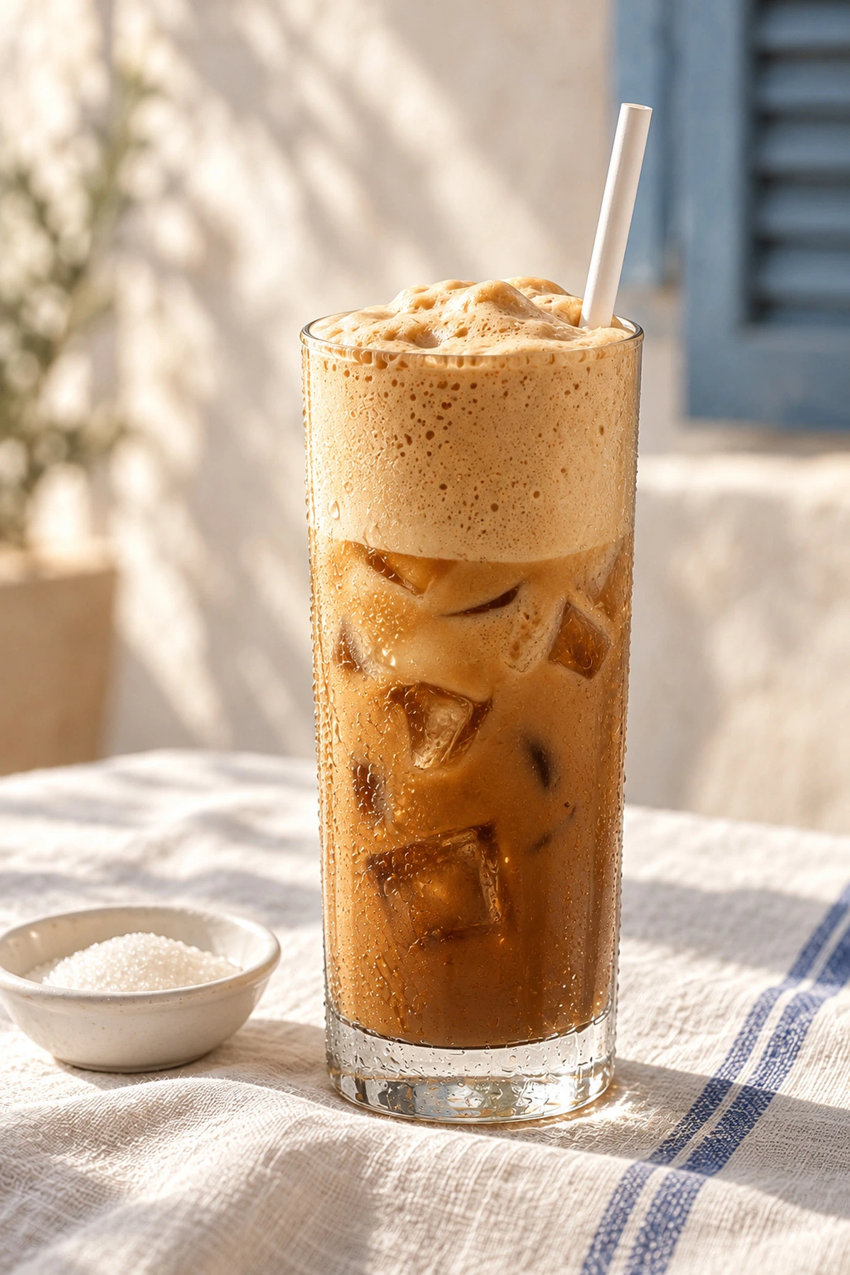 A Greek frappé with a thick foam top and a straw, with a dish of sugar beside it