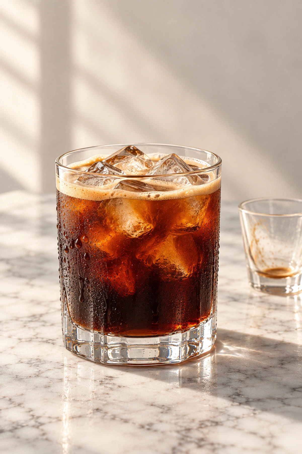 An iced americano over ice next to an empty espresso shot glass