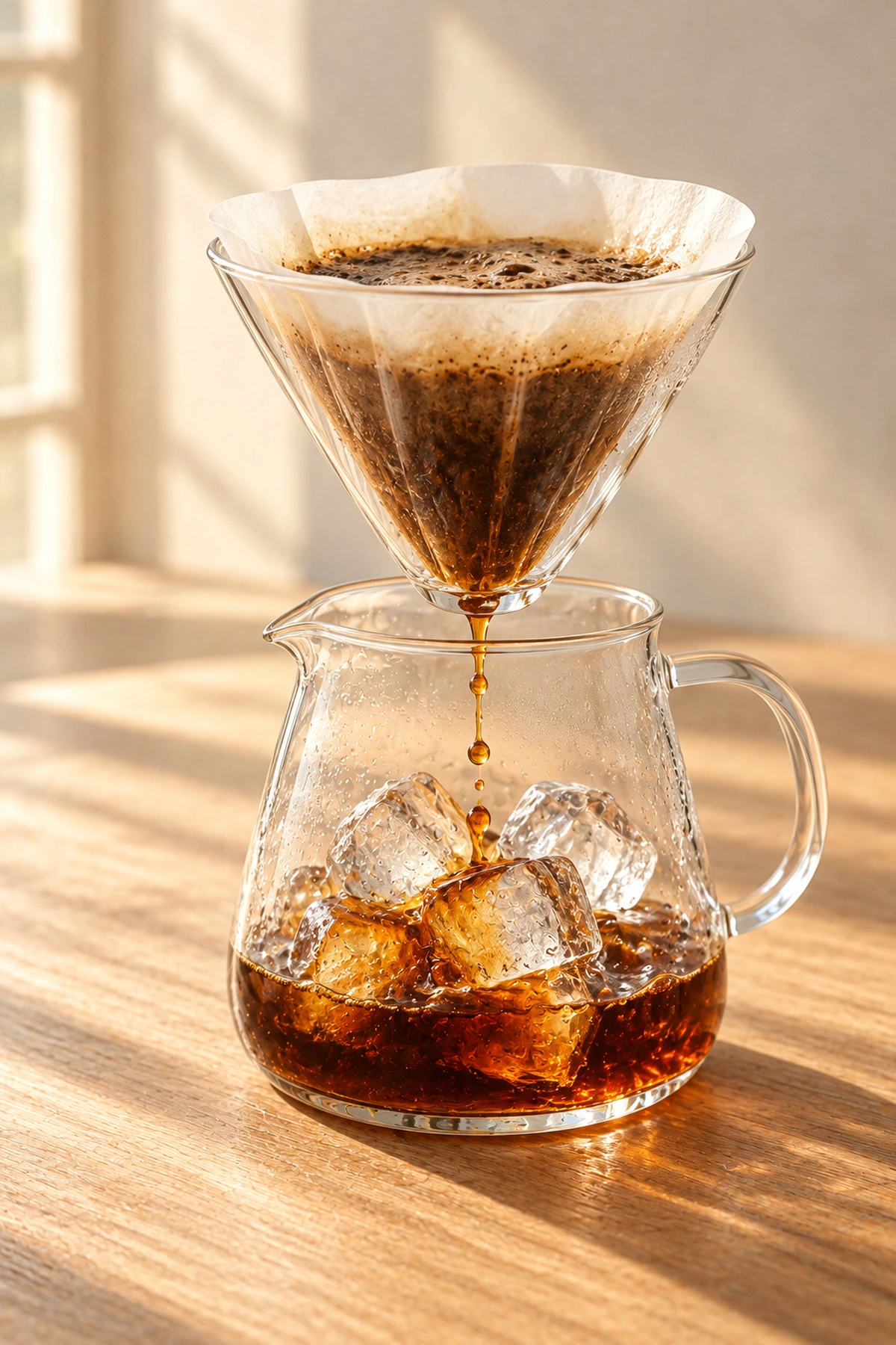 Pour-over coffee dripping through a paper filter straight onto ice in a glass carafe