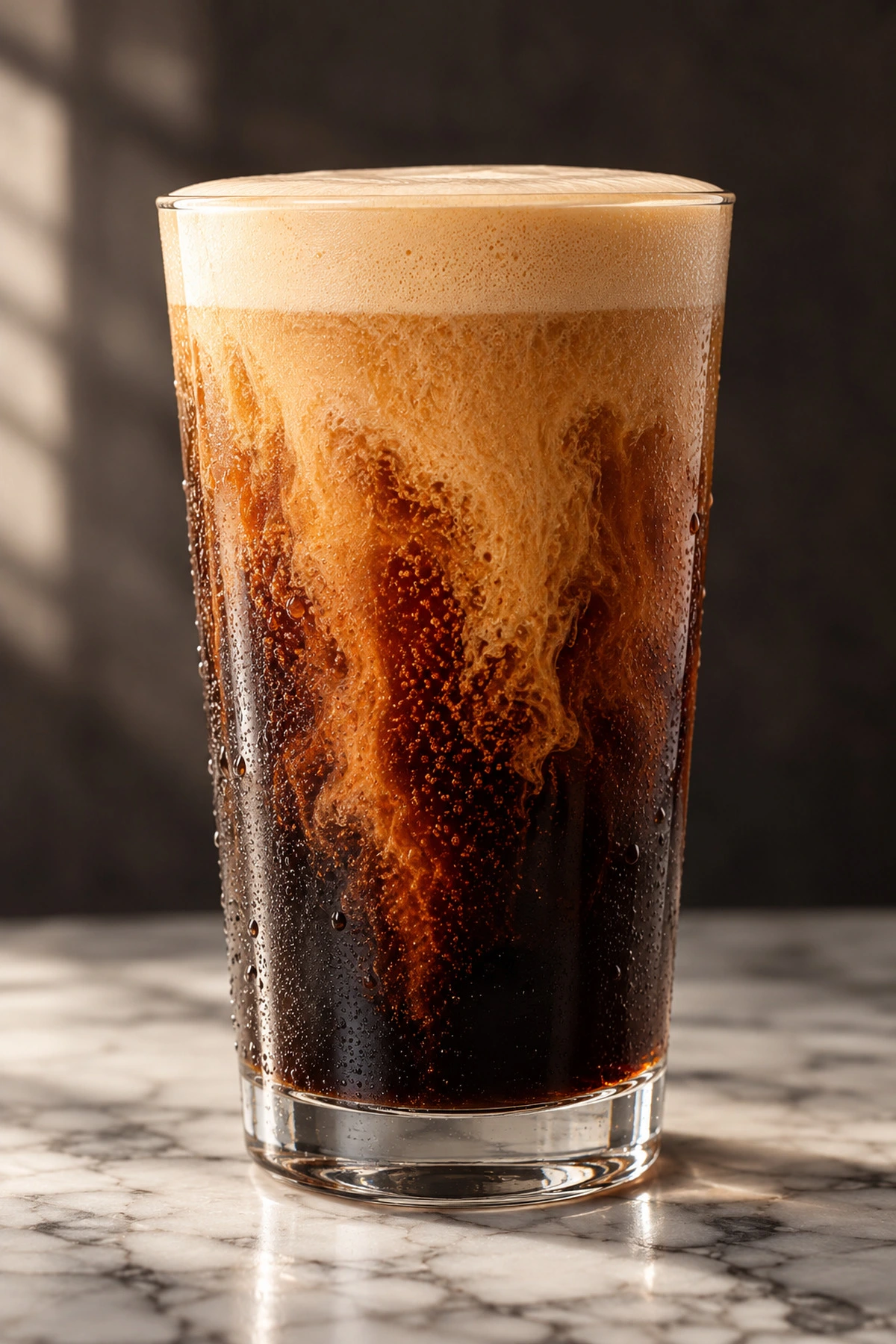 Nitro cold brew with a creamy foam head cascading down the glass