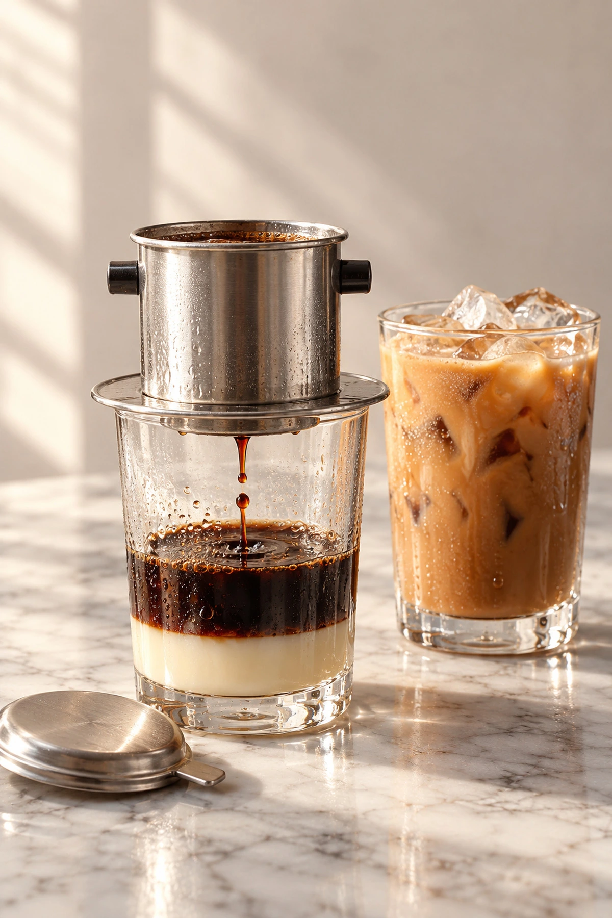 A Vietnamese phin filter dripping coffee onto condensed milk beside a glass of iced coffee