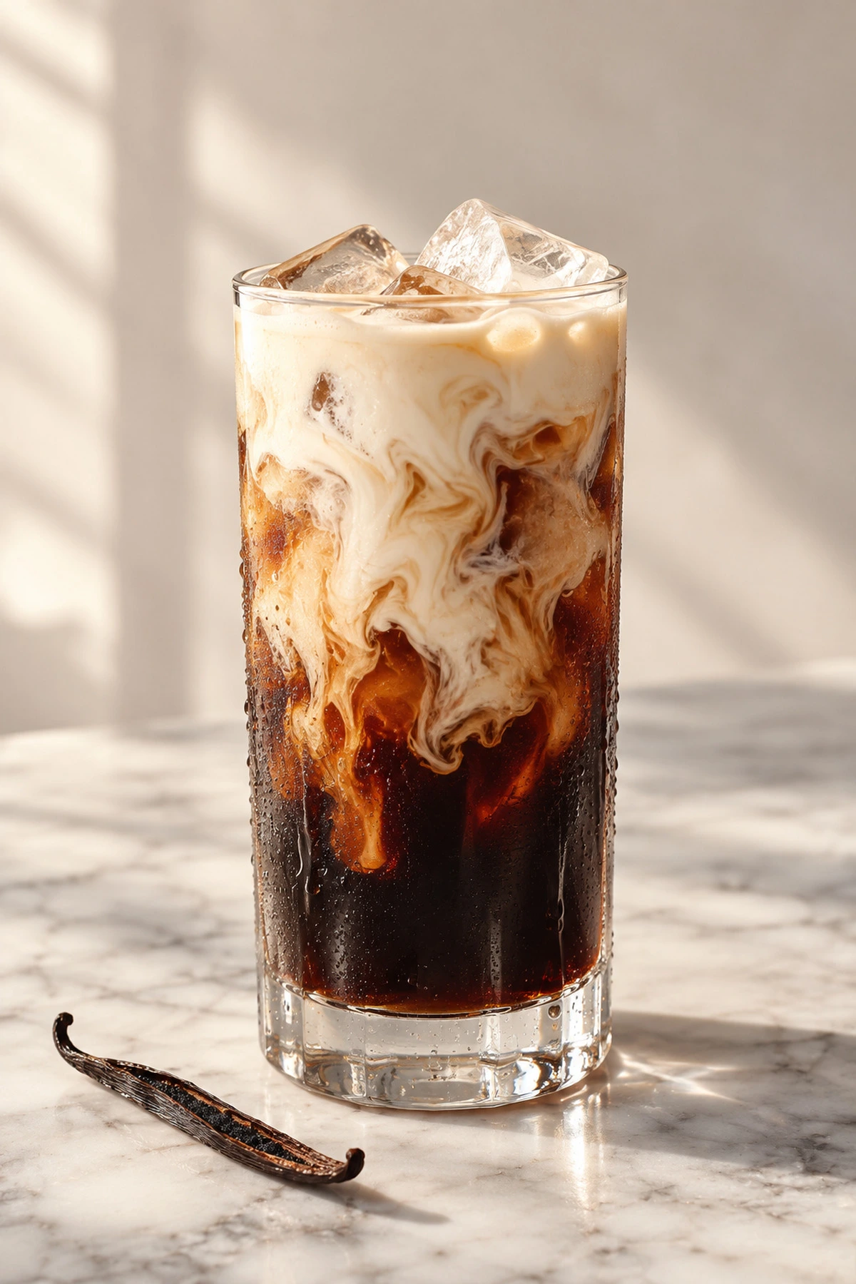 Vanilla sweet cream cold brew in a tall glass, with a vanilla bean on the counter
