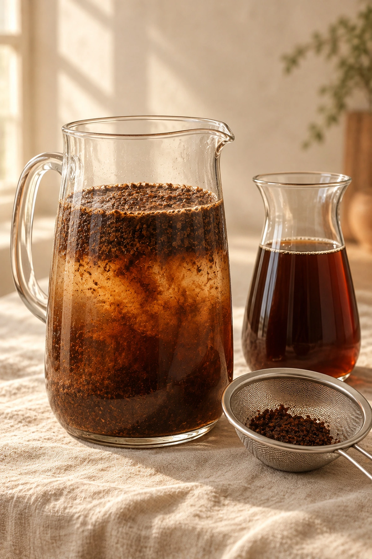 Coffee grounds steeping in a pitcher of water beside a carafe of strained cold brew and a sieve