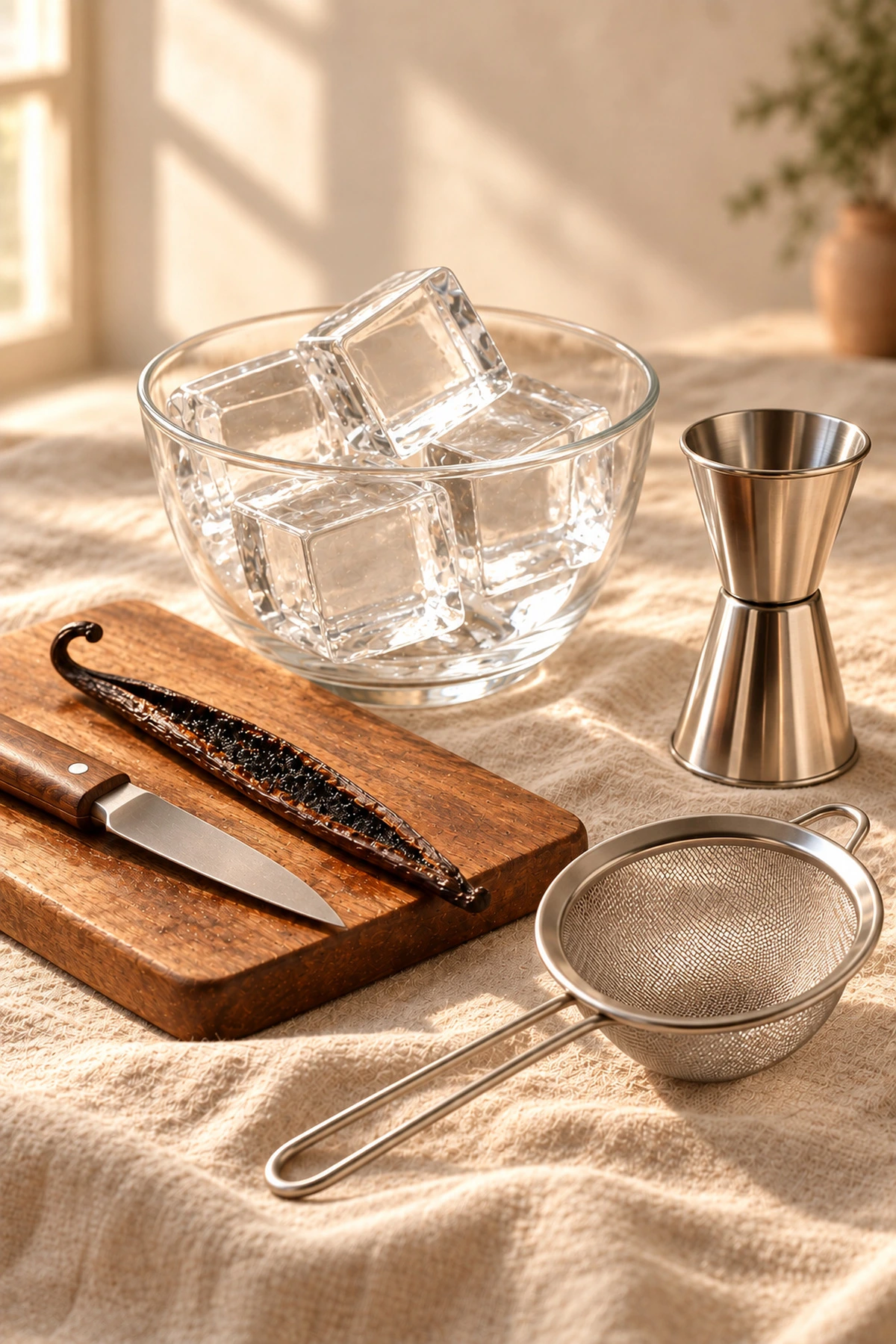 A vanilla bean, ice, a jigger, and a fine strainer laid out for making cold brew