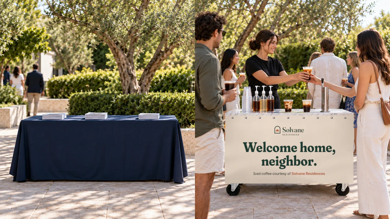 A plain draped table beside a branded welcome-home coffee cart serving guests