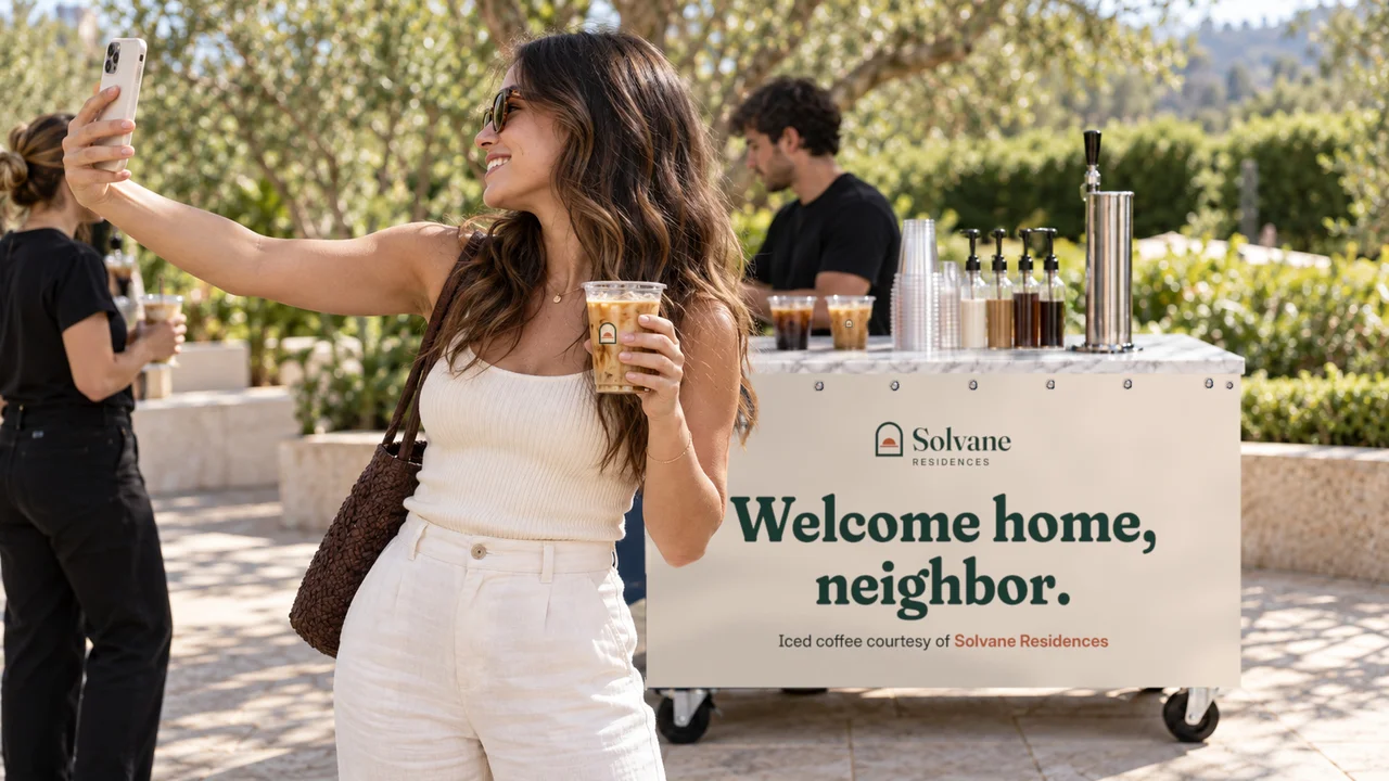 A guest takes a selfie with an iced coffee in front of the branded welcome-home cart