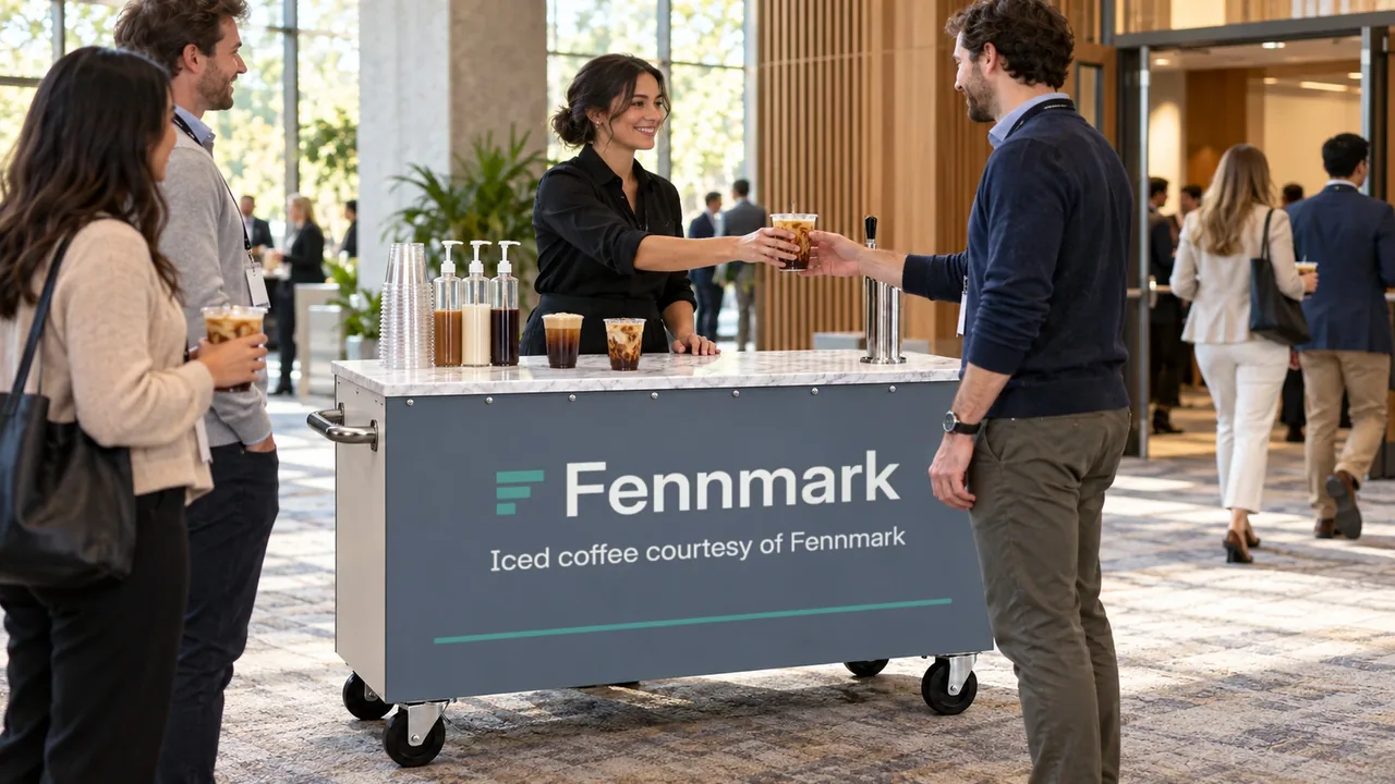 Barista hands an iced coffee across a branded coffee cart in an office lobby
