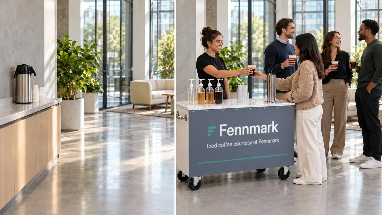 Office pantry coffee urn beside a staffed iced coffee cart with coworkers lined up