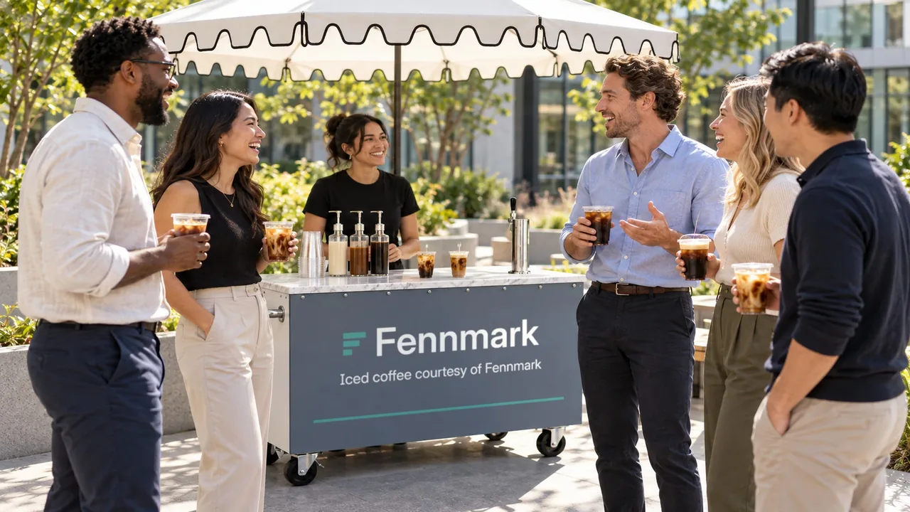 Coworkers chat with iced coffees around a branded cart on an outdoor office patio