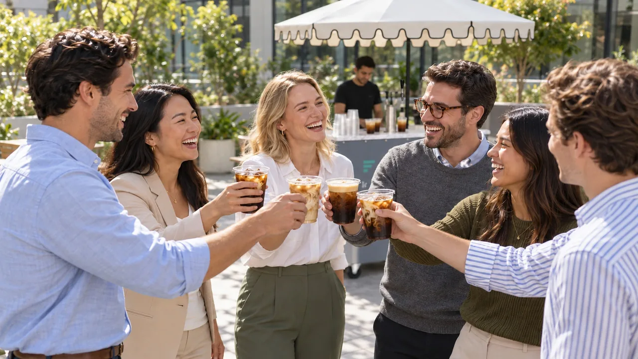 Coworkers toast with iced coffees on a sunny office terrace