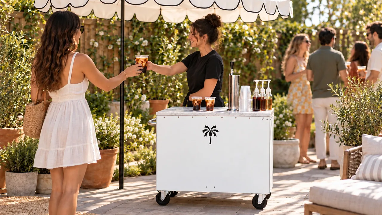 Barista hands an iced coffee to a guest at a white coffee cart at a backyard party