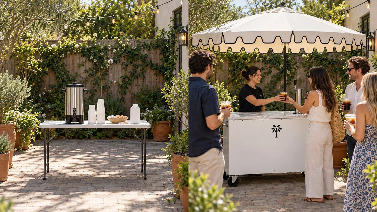 Self-serve coffee urn table beside a staffed coffee cart at a backyard party