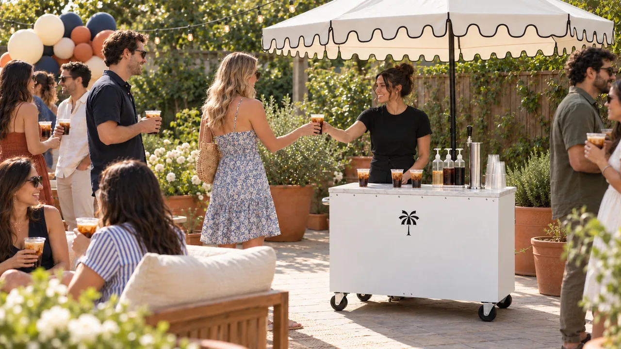 Guests holding iced coffees at a backyard party with balloons and a staffed cart