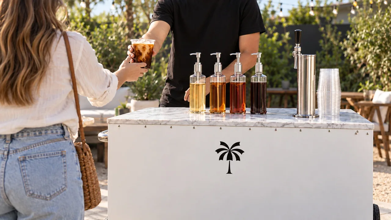 Barista hands an iced coffee across a cart with syrup pumps and a nitro tap