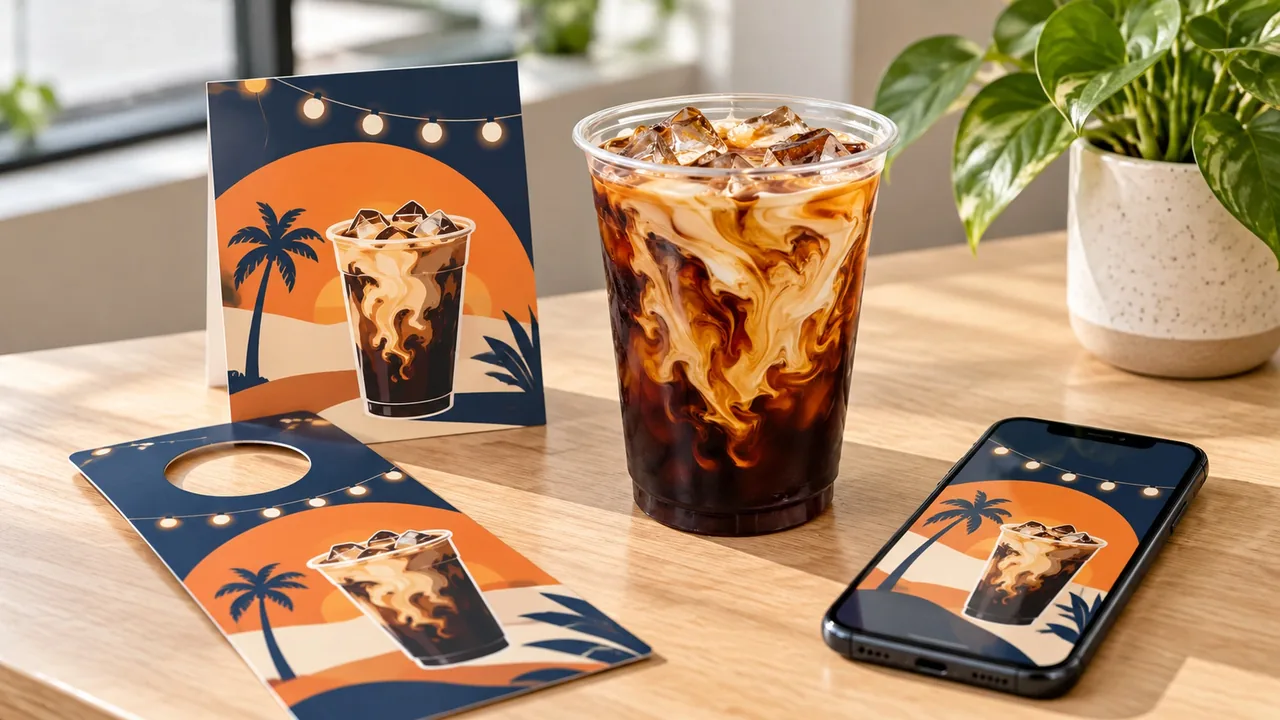 Iced coffee next to a resident event flyer, door hanger, and phone invite