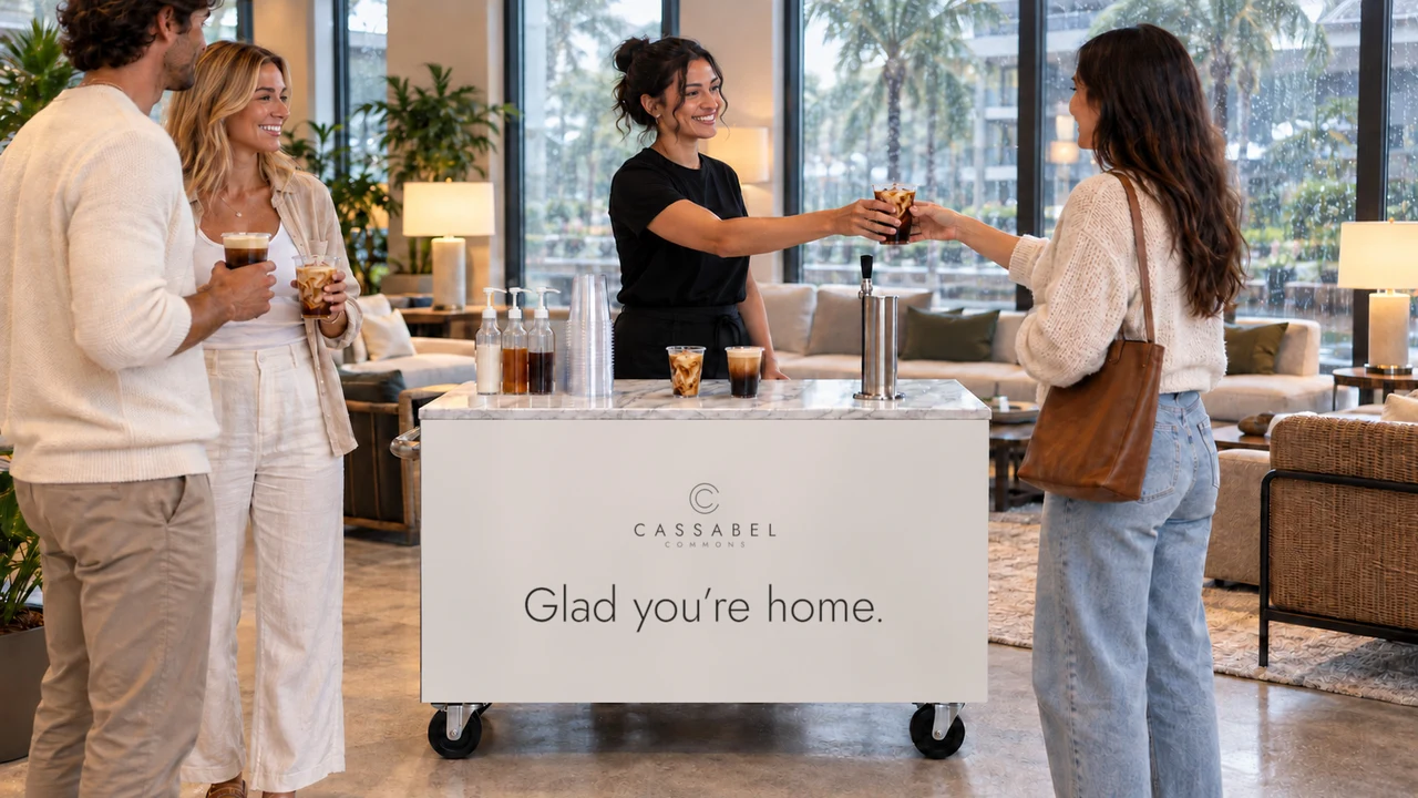 Residents get iced coffee at a branded cart in an apartment clubhouse