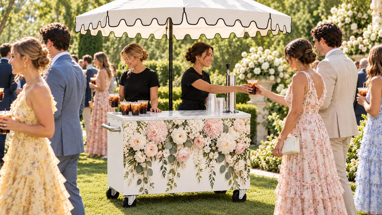 Barista hands an iced coffee to a guest at a floral wedding coffee cart in a garden