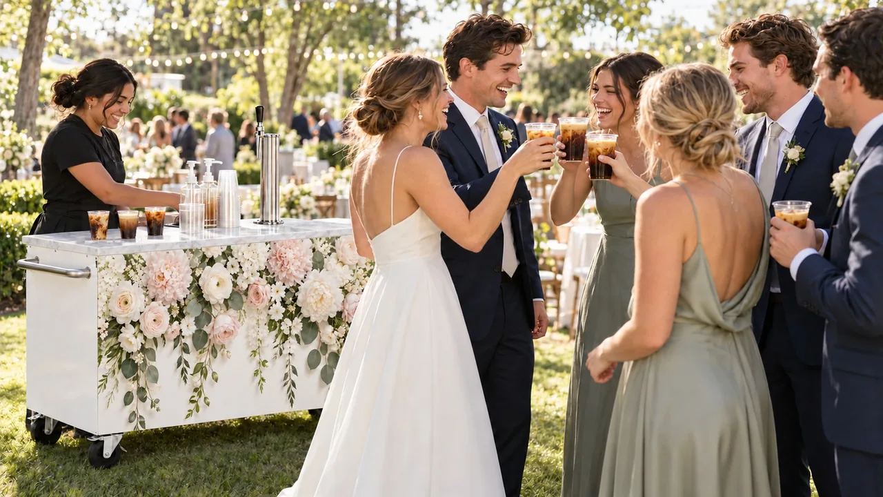 Bride, groom, and wedding party holding iced coffees beside a floral coffee cart