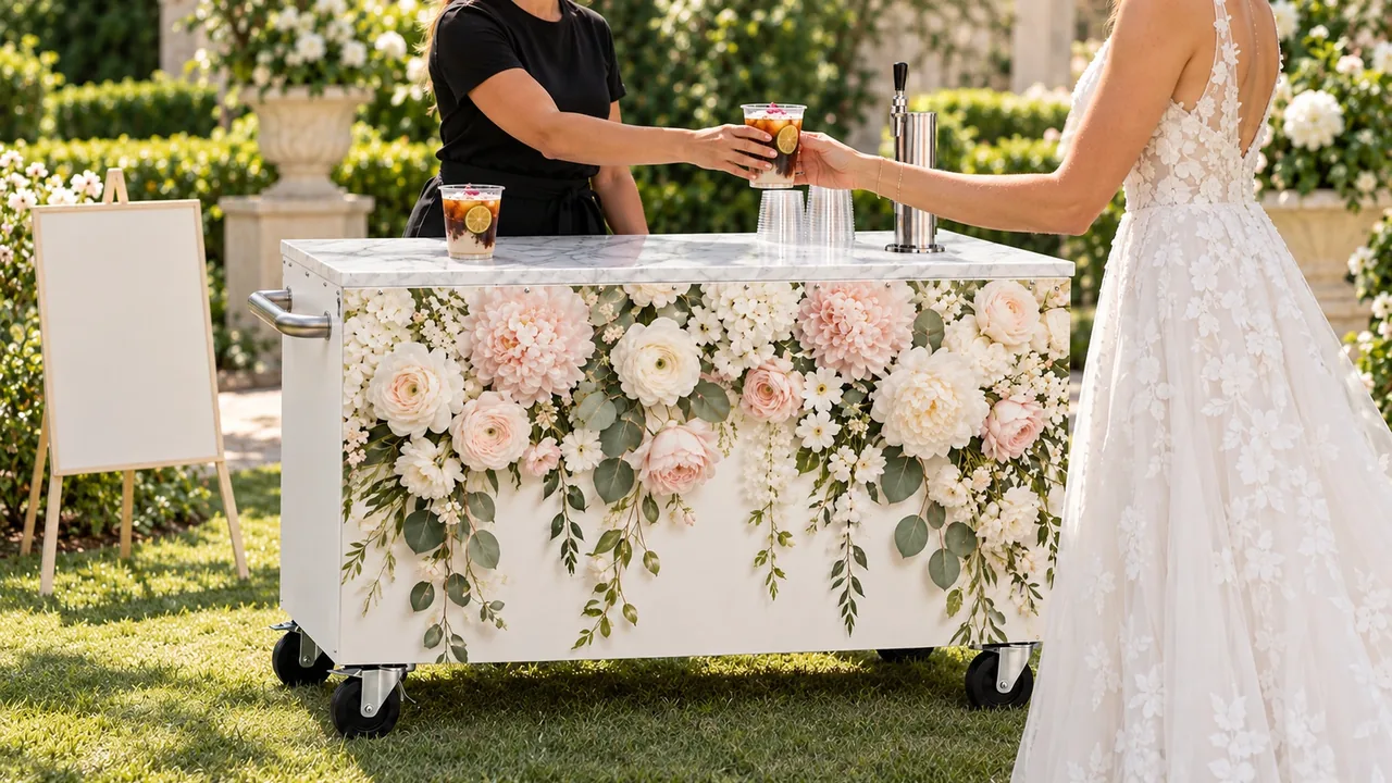 Barista hands an iced coffee to a bride at a floral wedding coffee cart