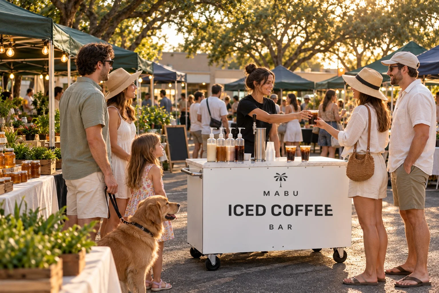 Shoppers, a child, and a dog gather at the Mabu iced coffee cart in a row of vendor tents