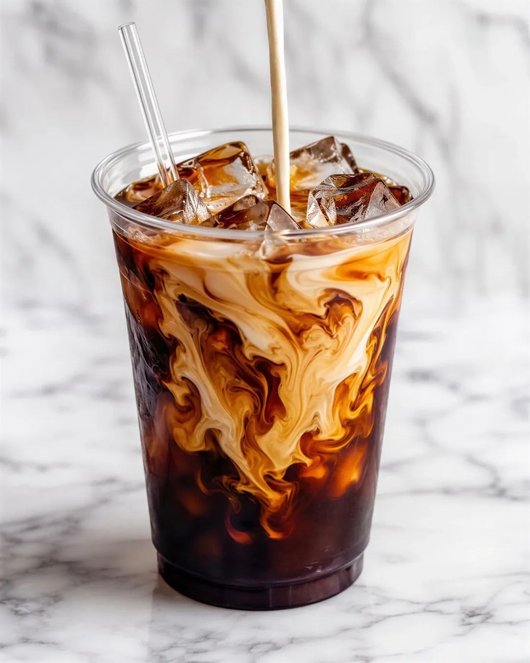 Cream pour into iced cold brew on white marble